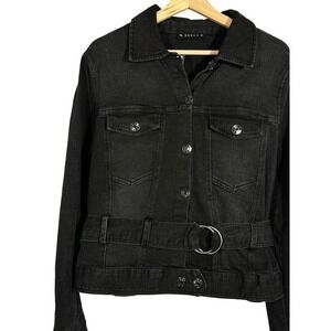 SONCY Plus Size Black‎ Denim Biker Jacket with Belt and Ring Detail Size 14/16